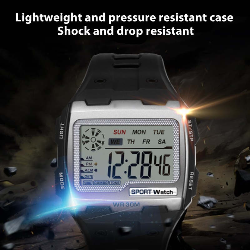 Men Digital Sports Watch WR30M Waterproof Day Date Display Electronic