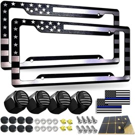 Black American Flag License Plate Frames 2-Pack - Patriotic Aluminum Car Tag Holder for Front/Rear with Screws (Stars & Stripes Design) - Colour: Black Aluminum