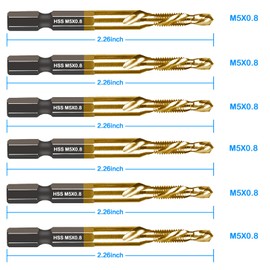 DKIBBITH 6-pc Metric M5 Combination Drill Tap Bit Set, M5*0.8 Thread Size, Titanium Coated High-Speed Steel, Ideal for Drilling and Threading in Soft Metal Wood and Plastic,1/4" Hex Shank