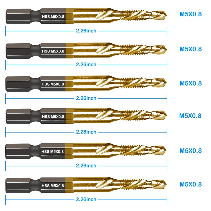 DKIBBITH 6-pc Metric M5 Combination Drill Tap Bit Set, M5*0.8