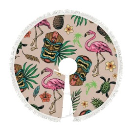 Christmas Tree Skirt Tropical Flamingo Turtle Pineapple Tiki Mask Plush Xmas Tree Skirt with Tassels Christmas Holiday Decoration Ornament for Festive Party Indoor Outdoor Decor 48inch