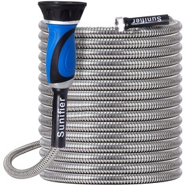 Sunifier Metal Garden Hose 15 Ft 30 Ft With Hose Nozzle, Flexible Stainless Steel Water Hose 25 Ft 50 Ft Heavy Duty No Kink Hose 75 Ft 100 Ft (15FT)