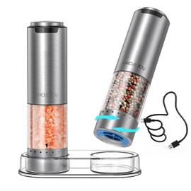 CIRCLE JOY Rechargeable Electric Salt and Pepper Grinder Set with Base, Stainless Steel Pepper Mills with 95ml Container, White LED Light and External Adjustable Coarseness, Silver