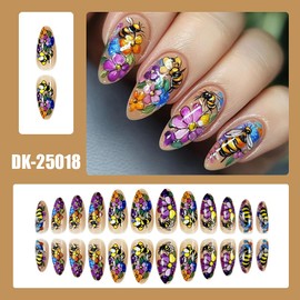 Spring Press on Nails Medium Almond Fake Nails Colorful Flower Stick on Nails Bee Glue on Nails Glossy Acrylic False Nails Full Cover Artificial Nails Reusable Nails Kit for Women Girls 24Pcs