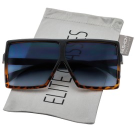 FLAWLESS Square Oversized Sunglasses for Women Men Flat Top Fashion Shades (Black/Tortoise Ombre)