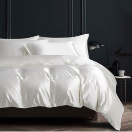 Damier Bed Linen 135 x 200 cm, Beige Satin Duvet Cover Set, Plain, Smooth, Shiny, High Quality Satin Deluxe Duvet Cover with Zip and Pillowcase 80 x 80 cm