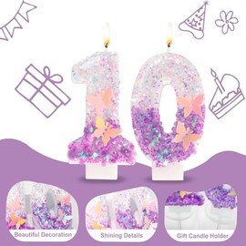 Ceya Velas de cumpleaños número 10, vela de mariposa morada para pastel, vela brillante con purpurina de número 3.14 pulgadas adorno para pastel, deco