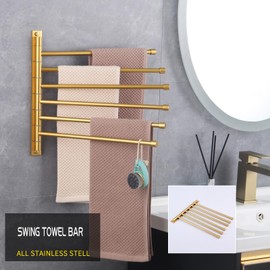 GERZWY Bathroom Swing Arm Towel Bars Wall Mount Bath Towel Rack with 6 Arms Hanger Towel Holder Organizer Stainless Steel Gold Finished