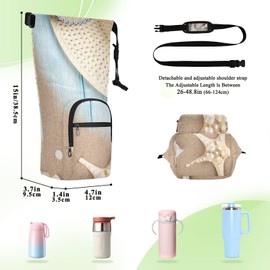 Kjovgcb Water Bottle Sling Sleeve Bag, Bottle Carrier Holder Case Cover with Removable Strap Travel Mug Cup Storage with Pockets Print Summer Straw Hat Starfish Sand On Wood