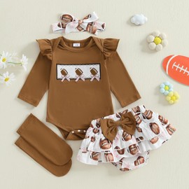 Saliuentm Newborn Baby Girl Football Outfit Rugby Print Long Sleeve Romper Bloomers Shorts Socks Headband Fall Clothes 4Pcs (Brown, 6-12 Months)