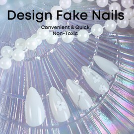White Gradient Press on Nails Medium Fake Nails,Glossy Solid Color Silver Glitter Stripe Flower Gel Glue on Nail Manicure Art Acrylic False Nails Stick on Nails for Women Nails Art Decoration