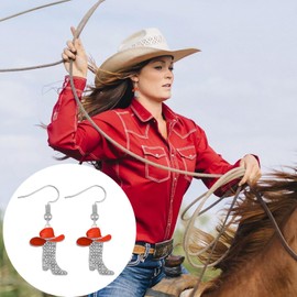 Rhinestone Western Boots Earrings for Women Cowgirl Cowboy Hat Earrings Country Concert Outfits Western Jewelry Accessories (Red)