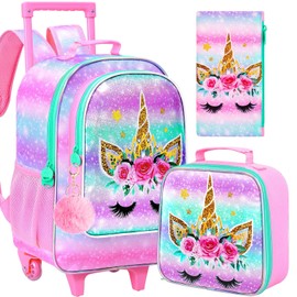 CCJPX 3Pcs Unicorn Rolling Backpack for Girls, 18" Kids Roller Wheels School Bookbag Set, Travel Wheeled School Bag for Toddler Elementary Children(Pink)