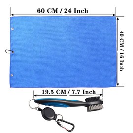 TAO CICADA Golf Towels, Golf Towel and Brush Set, with Microfiber Waffle Design Golf Towel 16" X 24" with Hook and Loop Fastenerl and Retractable Zip-line Golf Club Brush (Blue)