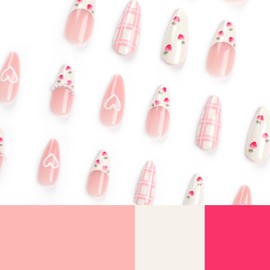24 Pcs French Tip Press on Nails Valentine’s Day Medium Fake Nails with Glue Glossy Acrylic Nails Press ons Cute Valentines False Nails Pink Full Cover Glue on Nails Stick on Nails for Women Girls