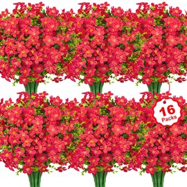 Besteek 16 Bundles Artificial Flowers for Outdoors Decoration Fake Silk Flowers UV Resistant Faux Plastic Plants for Spring Summer Garden Yard Porch Window Box Home Indoor Outdoor Decor, Red