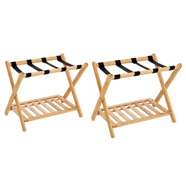 Smart FENDEE Fully Assembled Bamboo Luggage Rack, Set of 2, Folding Suitcase Stand with Storage Shelf, for Guest Room, Hotel, Bedroom, Heavy-Duty, Holds up to 150 lb, Natural