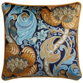 Laurence Llewelyn-Bowen Velvet Cushion – Ochre & Navy Damask Floral Design, 43x43cm – Reversible with Piped Edge – Filled Decorative Cushion – Down the Dilly Collection
