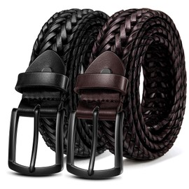 BULLIANT Men Belt 2Pack,Braided Woven Leather Belt For Men Golf Casual Jeans 1 3/8"(Black/Wine Red,32"-36" Waist Adjustable)