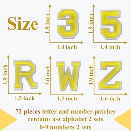 Letter and Number Iron On Patches, A-Z Alphabet and Numbers 0-9 Embroidery Applique Patch, DIY Decorative Heat Press Patches for Clothing Jeans Jackets Backpacks Hats (Yellow 72 Pcs)