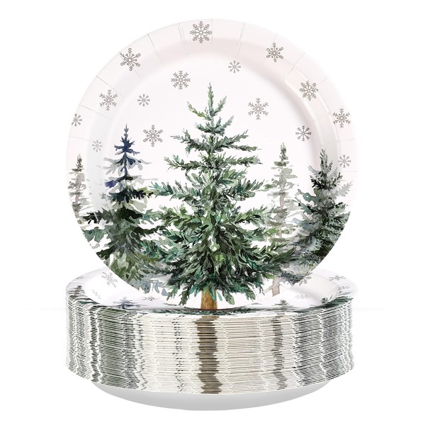 Grencian 50Pcs Christmas Tree Party Supplies 9" Snowflake Paper Plates