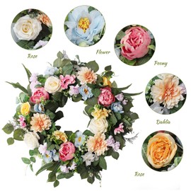 24 Inch Spring Summer Flower Wreaths for Front Door, Spring Door Wreaths,Floral Hydrangea Peony Wreath,Artificial Eucalyptus Green Leaves Farmhouse Wreaths for Outside Window Home Decor (Multicolor)