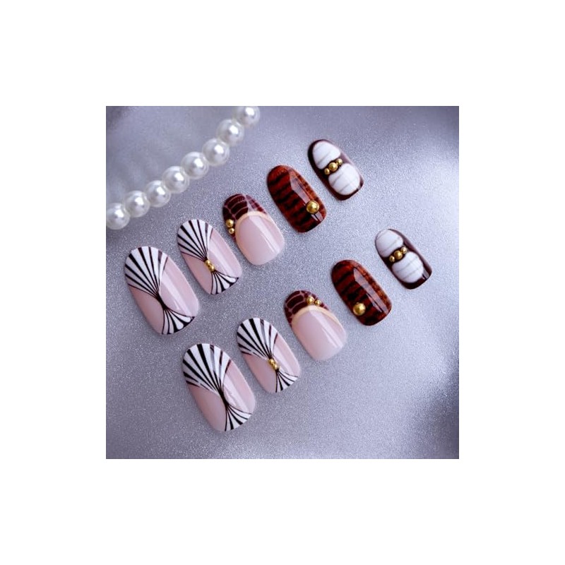 Uñas postizas de almendra, color marrón, tamaño mediano, estilo francés,