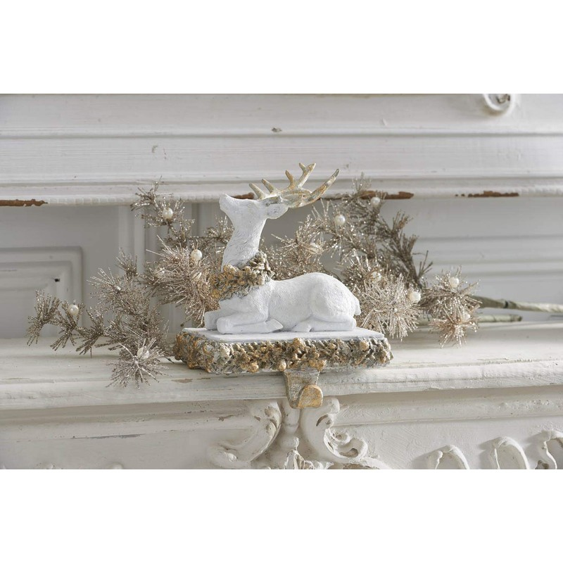 K&K Interiors 8 Inch White and Gold Glittered Sitting Reindeer