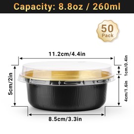 Beasea Disposable Ramekins with Lids, 50 Pack 8.8oz 260ml 4 Inch Disposable Aluminum Foil Cups Round Cupcake Mini Pudding Baking Cups for Party - Black Gold