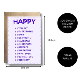 WBdesignz Funny Greeting Card "Happy" - Versatile Card with Humorous Design for All Occasions: Birthday, Wedding, Baby, Christmas, Quarantine & More - With Envelope (A6)