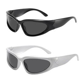 Pack of 2 Rave Glasses, Rave Sunglasses, Futuristic Design Rectangular Raver Glasses, Lightweight Rave Glasses, Men's Trendy Retro Bicycle Glasses (Black Frame, Silver Frame)