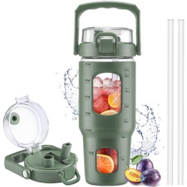 BLUEGO 32oz Glass Tumbler with Lid and Handle, Iced Coffee Cup with Straws, Glass Water Bottle with Silicone Sleeve and Volume, Marker Glass Cup with Time Marking, BPA Free, Olive