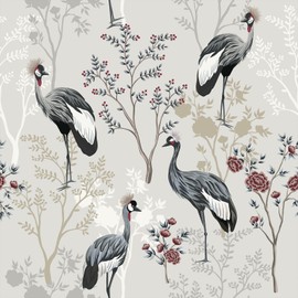 VEELIKE Grey Crane Bird Chinoiserie Wallpaper Peel and Stick Vintage Floral Wallpaper for Bedroom Bathroom 17.7''x118'' Removable Tree Wall Mural Self Adhesive Grey Contact Paper for Walls Cabinets