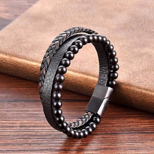 Mens Black Onyx Leather Bracelet, Beaded Natural Stone, Crystal Healing Leather Cuff Bracelet for Men, Simple Mens Bracelet, Gift for Him