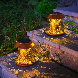 2 Pack Solar Bird Feeders for Outdoors Metal Butterfly Solar Lanterns Hanging Outdoor Lights Waterproof Decoration for Patio, Yard, Lawn, Pathway, Garden Decor Gifts for Women Men