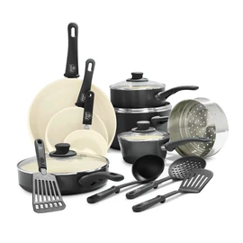 GreenLife 16 Piece Nonstick Cookware Set, Soft Grip Non-Toxic PFAS-Free Ceramic Pots & Pans, Dishwasher & Oven Safe, Frying, Sauce, Utensils, Glass Lids, Stay-Cool Handles, Wobble Free, Black & Cream
