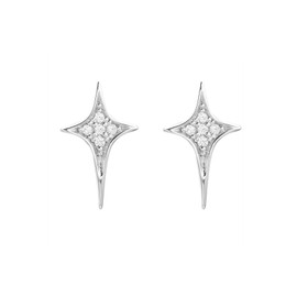 Rhodium on Sterling Silver Shiny 4 Point Star Cross CZ Stud Piercing Earrings