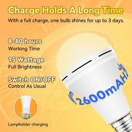 Neporal Emergency-Rechargeable-Light-Bulb, Stay Lights Up When Power Failure, 1200mAh15W 80W Equivalent LED Light Bulbs for Home, Camping, Tent (Soft WHITE-2600mAh)