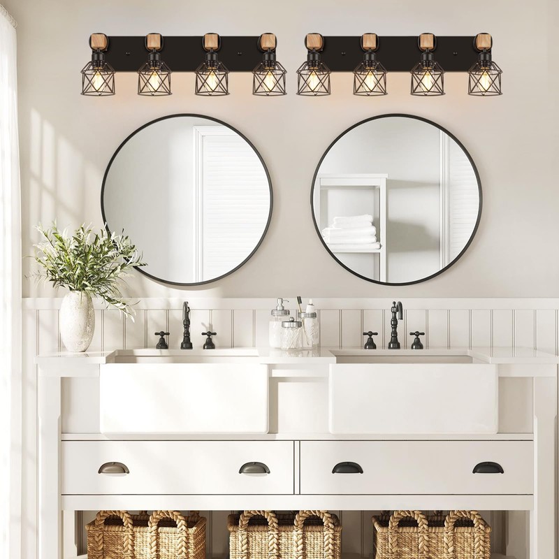 FadimiKoo 4-Light Rustic Style Wood Bathroom Vanity Light Fixtures, Black