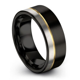 Midnight Rose Collection Tungsten Wedding Band Ring 8mm for Men Women 18k Yellow Gold Grey Plated Flat Cut Black Brushed Polished Size 10.5