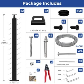 Gyykzz 2 Pack One-Stop Stair Cable Railing Posts Kit 42", 33° Drilled Black Stair Posts, Adjustable Top Stair Railing System Including 2 Railing Posts, 101ft Cable, 12 Sets Terminal, 48 Cable Grommets