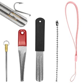 TAGOQUEN Fish Hook Sharpener,Double Sided Diamond File Sports Fishing Hook Sharpener with Handle Fine and Medium Grit Portable Grinding Tool with Knotting Device and Baiting Tool for Fishing