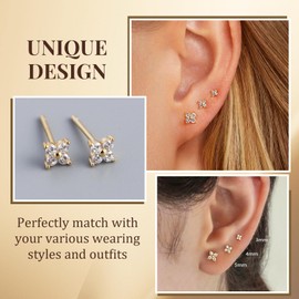 XSDSLS 3 Pairs of Women's Hypoallergenic Stud Earrings with Zirconia Small Stackable Earrings Set Cartilage Flower Earrings Multiple Ear Holes Jewellery, Copper, zirconia, No Gemstone