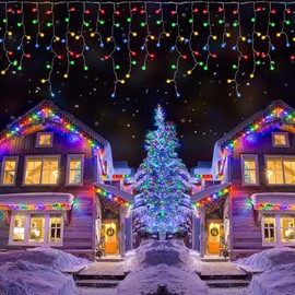 Ghope Christmas Icicle Lights Outdoor, 400 LED 32.8ft 8 Modes Timer IP44 Waterproof Fairy String Light with 64 Drops, Christmas Lights for Christmas Decorations,Holiday, Party, Wedding, Eaves