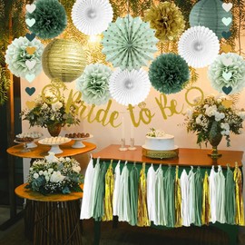 Sage Green Gold Bridal Shower Decorations Bachelorette Party Decor Bride to Be Banner Paper Pom Poms Lanterns Paper Tassel Garland for Wedding Engagement Party