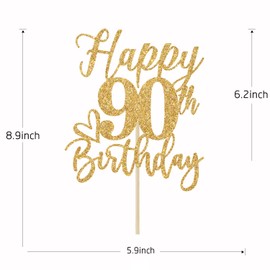 Decoración para tartas de 90 cumpleaños, decoraciones para tartas de 90 cumpleaños para hombres/mujeres, saludos a 90 años, 90 y fabulosas, decoraciones para fiestas de 90 cumpleaños, purpurina dorada