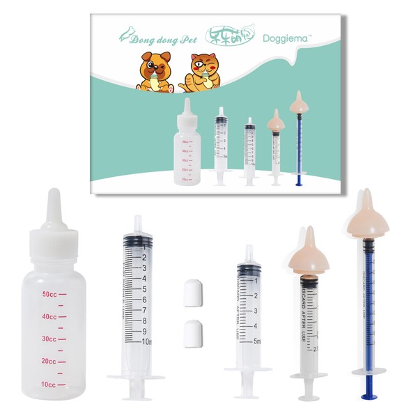Bubble milk bowl Silicone Feeding Nipple and Syringes for Newborn Kittens, Puppies, Rabbits, and Other Small Animals Dongdong pet (1 Bottle+2 Mini Pink Nipples+4 Syringes)