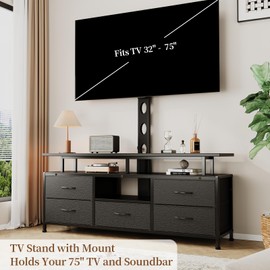 DrawXynth TV Stand with Mount for 32-75 Inch TVs, 47-inch Wide Media Console with 5 Fabric Drawers & Open Shelf, Living Room Entertainment Center (Black)