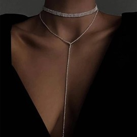 Yamberdoly Choker Necklace for Women Silver Choker Long Tassel Diamond Tennis Necklace 3 rows