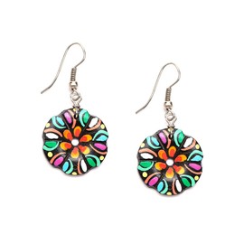 Hand painted vibrant wonderful flower coconut shell drop earrings